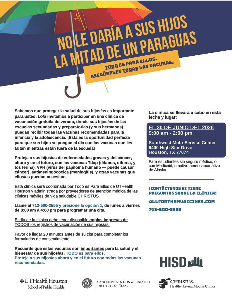 An informational poster features text and a large umbrella, with a blue sky in the background. It has multiple languages and includes contact information.