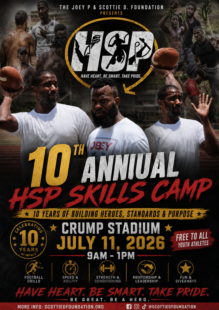 Poster for the 10th annual HSP Skills Camp, featuring four men holding footballs, one wearing gloves.