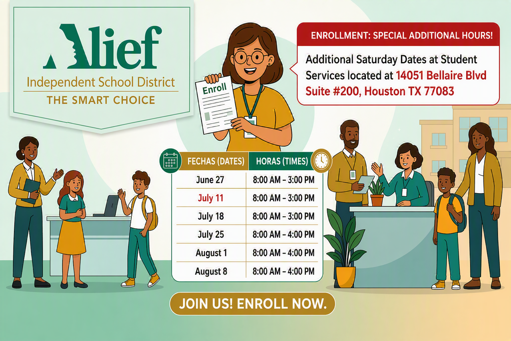Cartoon of people in a school setting. Dates and times for enrollment are listed. "Join Us! Enroll Now" is at the bottom.