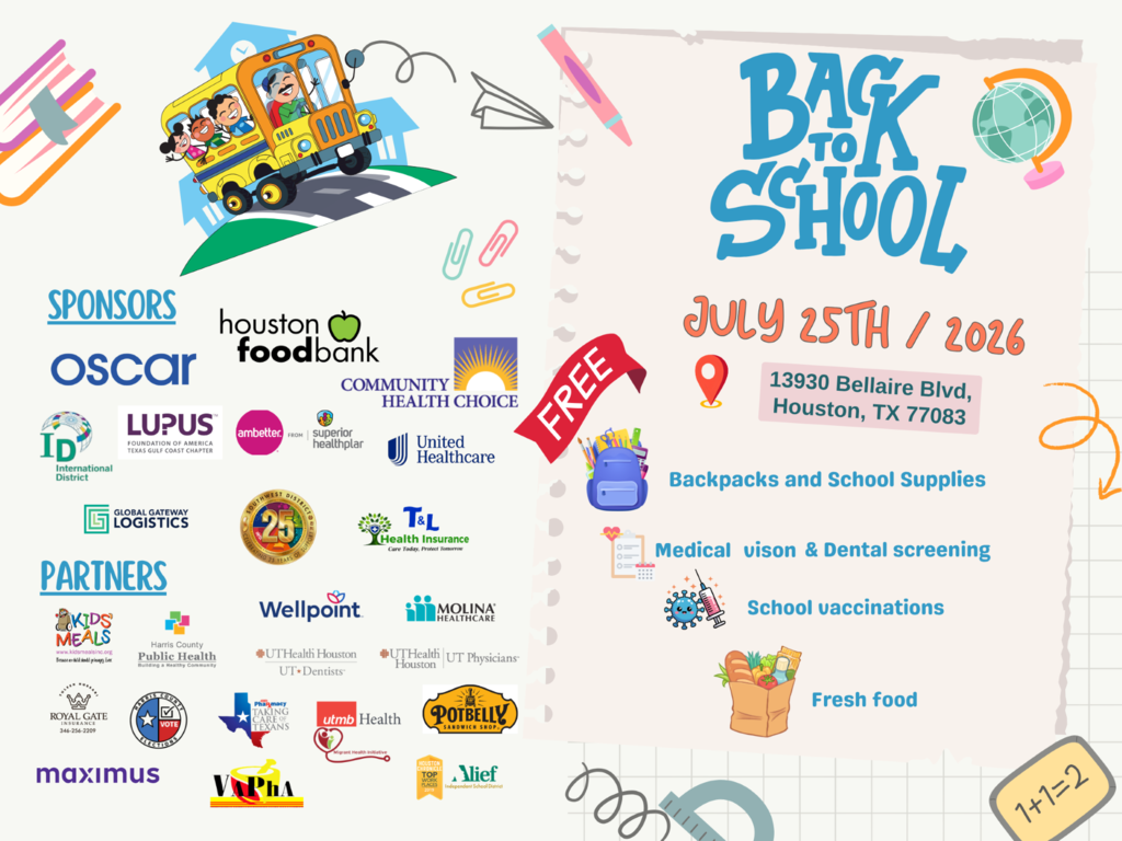 A colorful page with a school bus and "Back to School" title. Sponsors, partners, and dates are listed.