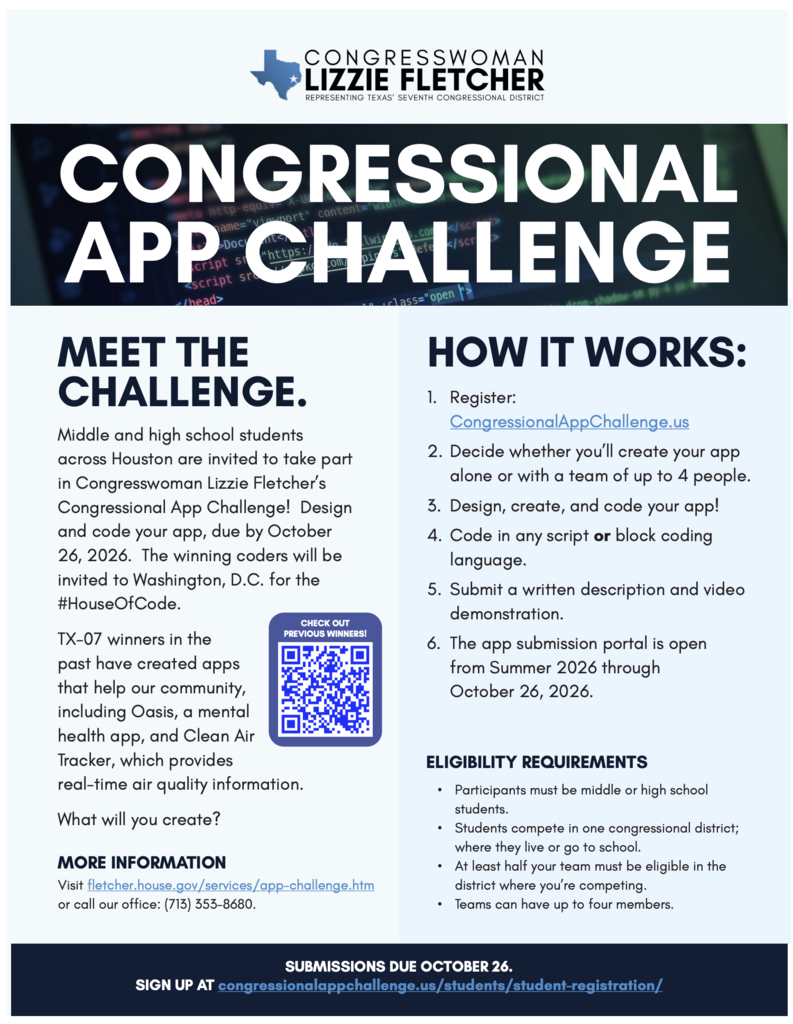 Poster for Congressional App Challenge, featuring steps to enter, eligibility, and a QR code.