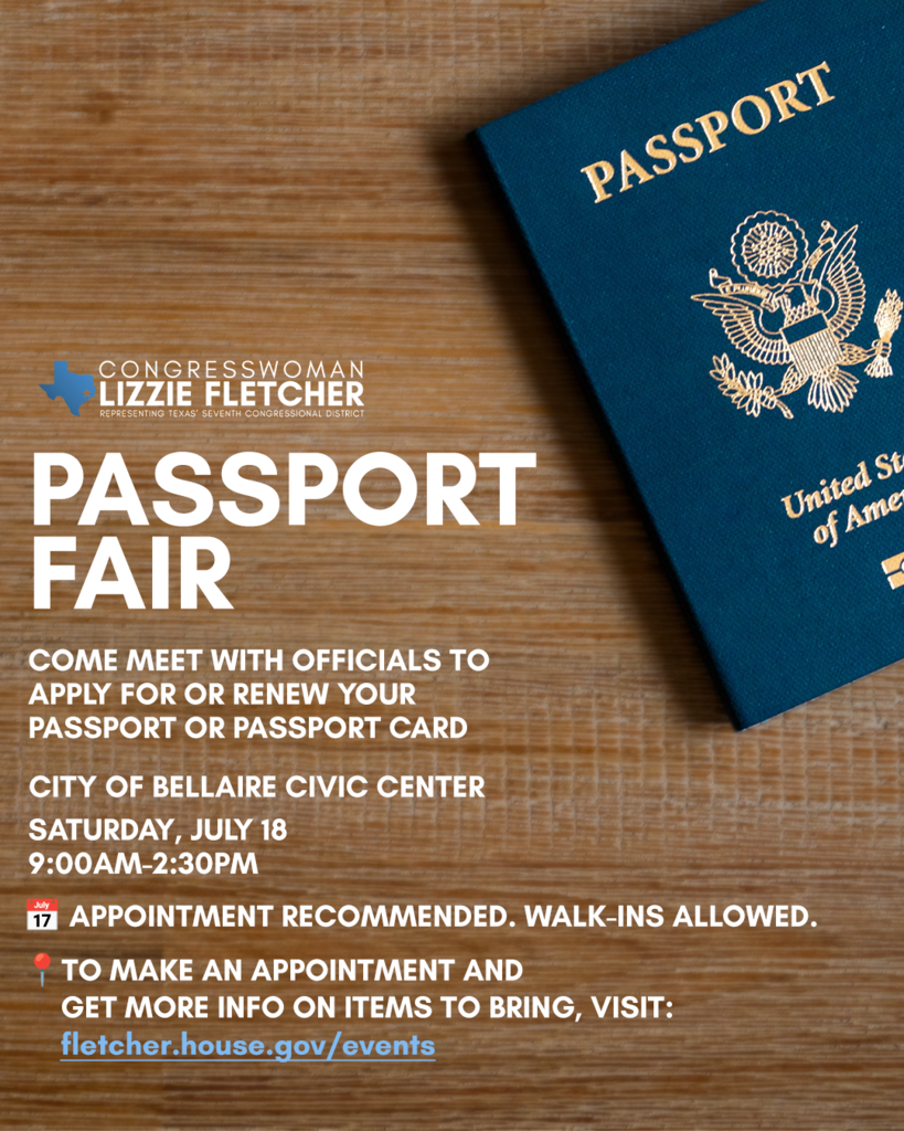 An open passport lies on a wooden surface. Text reads: "Passport Fair." A website for more information is displayed.