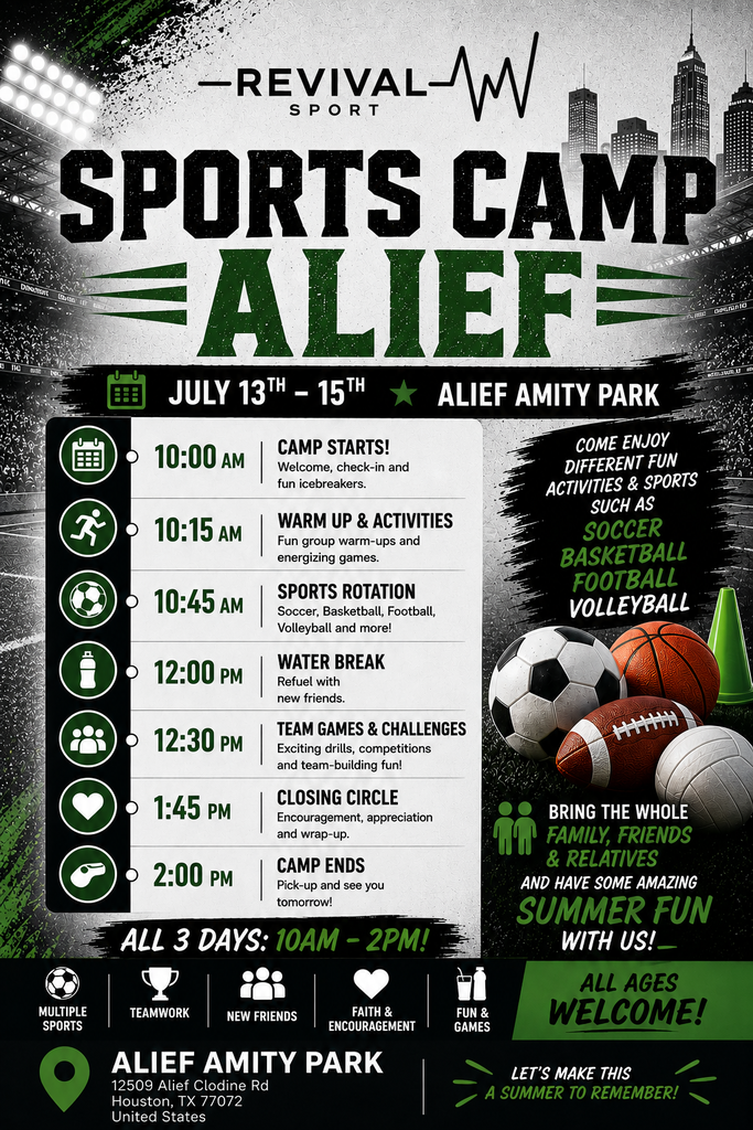 Black and white flyer for "Sports Camp Alief" with dates, times, and activities. Sports equipment and cones featured. Location at Alief Amity Park.