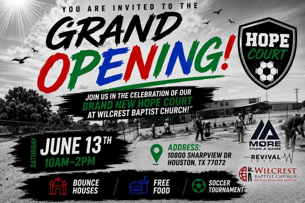 Black and white poster with vibrant colors announces "Grand Opening" for a new Hope Court. Text includes date, time, location, and activities.
