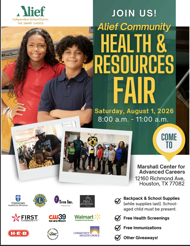 Flyer with "Alief Community Health & Resources Fair" on green background. Photos of kids and families. Date and time, location, and free services listed.