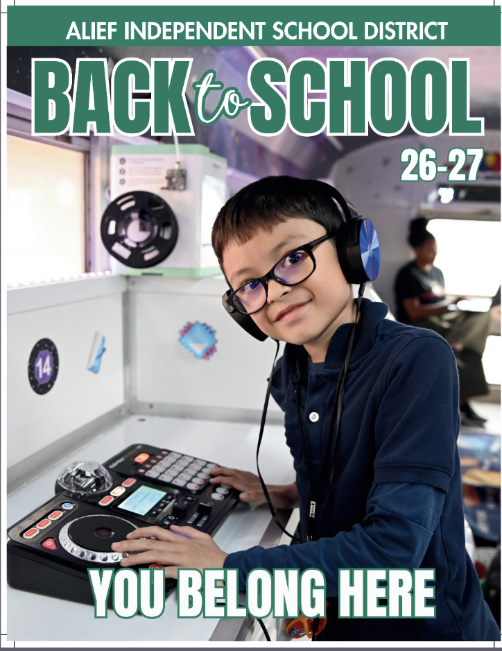 A young boy, wearing glasses and headphones, works on a DJ station in a classroom. Text reads "BACK to SCHOOL 26-27 YOU BELONG HERE".