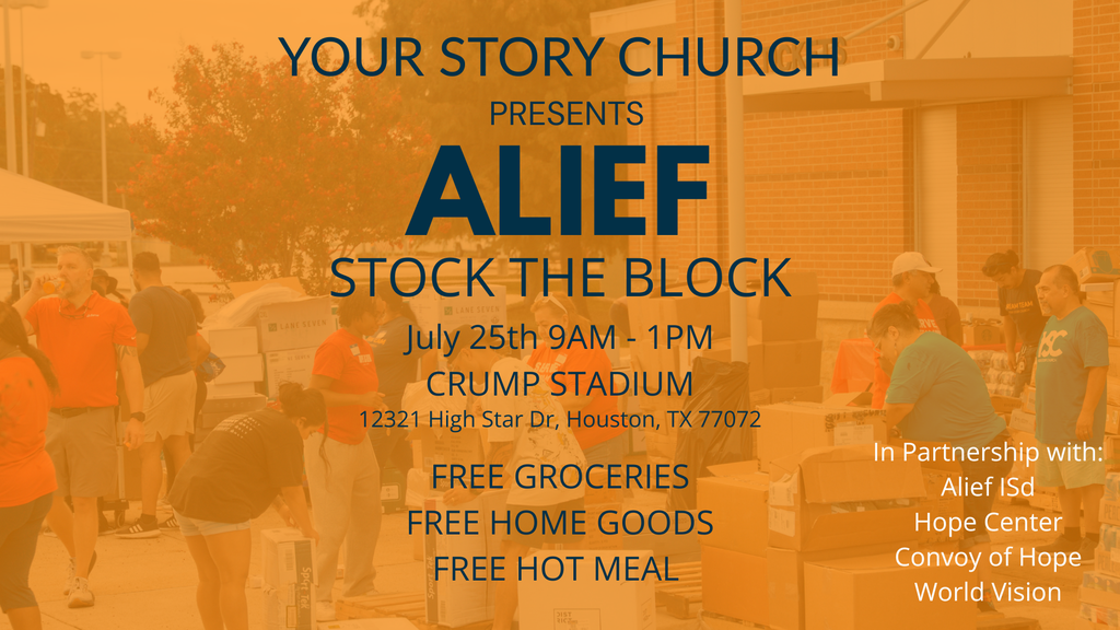 Flyers promote a community event for food and supplies. A crowd gathers around tables with items.