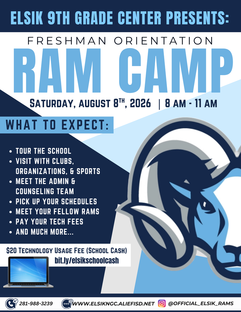 A flyer for Freshman Orientation Ram Camp. A ram logo and laptop are on the right side.