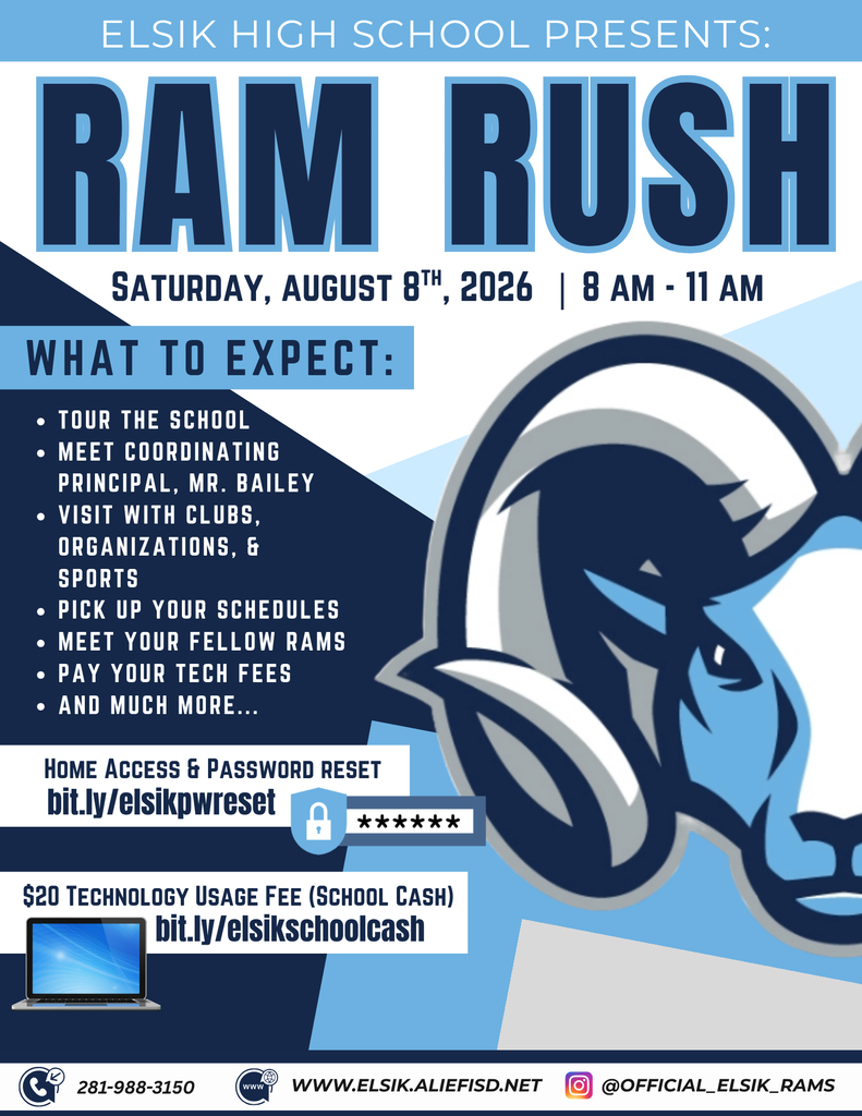 An event flyer titled "RAM RUSH" by Elsik High School. It includes a ram's head, a laptop, and a password icon.