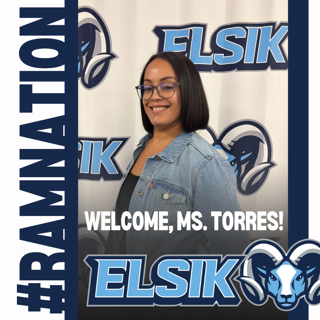 A smiling woman in a denim jacket stands in front of a sign. The sign reads "#RamNation" and "Welcome, Ms. Torres!" with logos.