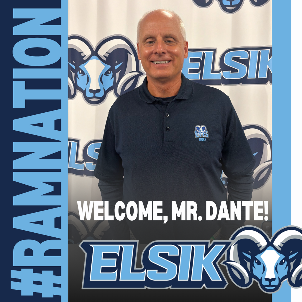 A man stands smiling with the text "Welcome, Mr. Dante!" and the school logo "Elsik" in the background.