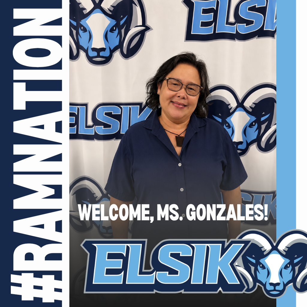 A smiling woman stands in front of a blue ram logo. She wears a blue shirt with "WELCOME, MS. GONZALES!" text.