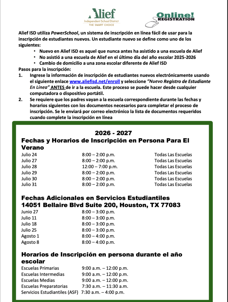 Document titled "Alief ISD PowerSchool" shows dates and times for in-person registration, including times for primary, middle, and preparatory schools.