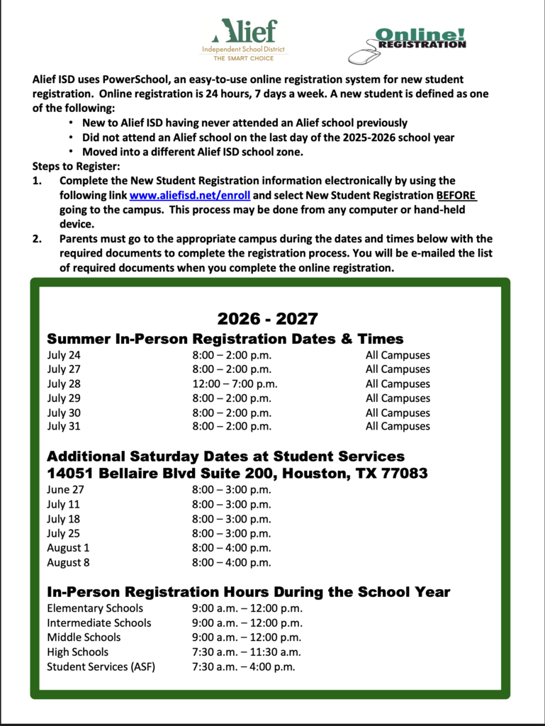 Document with green border displays "2025-2027" and "Summer In-Person Registration Dates & Times" with dates and times. Text includes "All Campuses" and "All In-Person Registration Hours During the School Year".