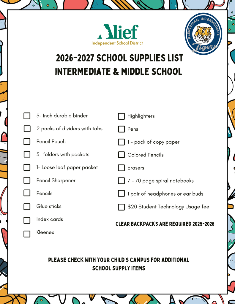 KLZ School Supply List English