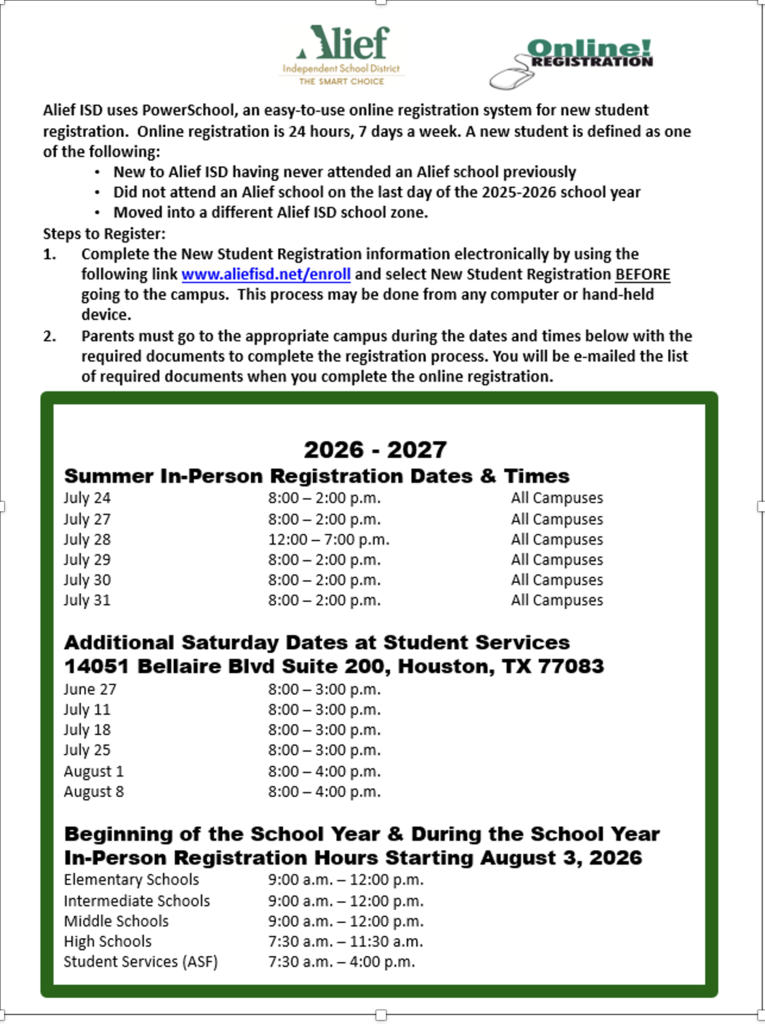 Document displaying registration information for Alief ISD. Dates, times, and locations for in-person registration are listed.