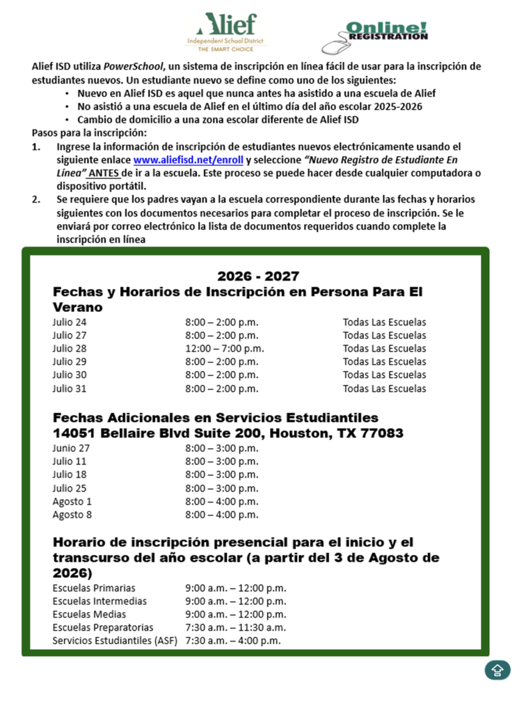 Document titled "NieF Online" with dates 2026-2027 and tables listing dates, times, and location "14051 Bellaire Blvd Suite 200, Houston, TX 77083".