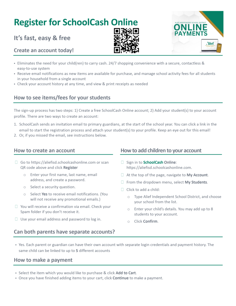 White document with black text. Title "Register for SchoolCash Online" is at the top. QR code is on the right. The document is divided into sections: "Create an account today", "How to see items/fees for your students", "How to create an account", "How to add children to your account", "How to make a payment".