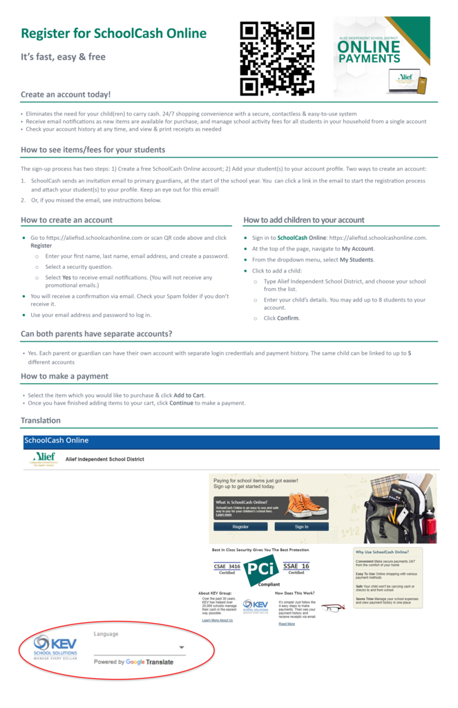 A page with instructions for online account registration. A QR code is on the right. Below are instructions, a link, and a Google Translate button.