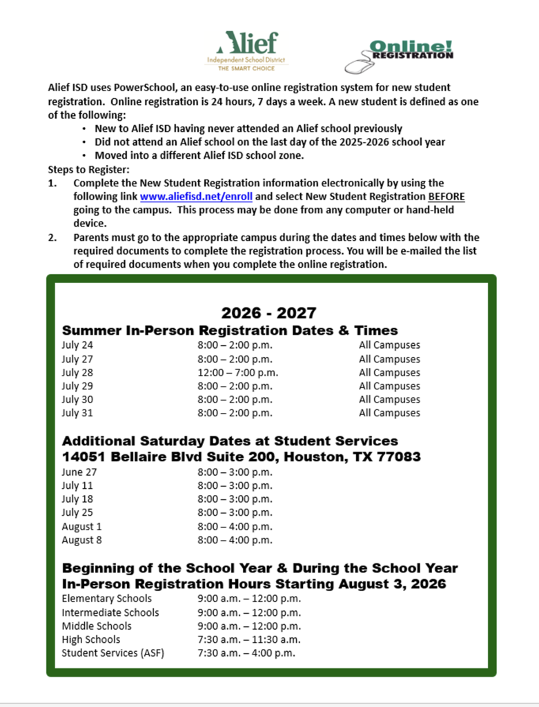 Document with green border, white background. Header reads "Alief Online Registration 2026-2027". Sections include "Summer In-Person Registration Dates & Times", "Additional Saturday Dates at Student Services" and "Beginning of the School Year & During the School Year In-Person Registration Hours".