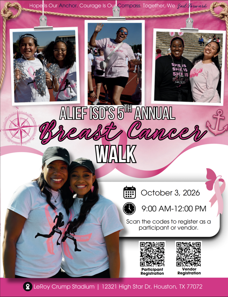 Event poster shows two smiling women wearing pink T-shirts. Text reads: "Alief ISD's 5th Annual Breast Cancer Walk" and "October 3, 2026, 9:00 AM-12:00 PM."