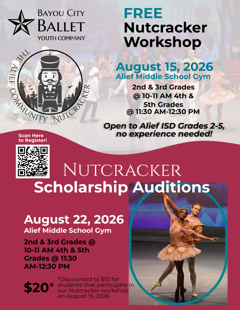 A poster advertises a ballet workshop and scholarship auditions, featuring a Nutcracker theme, date, and time.