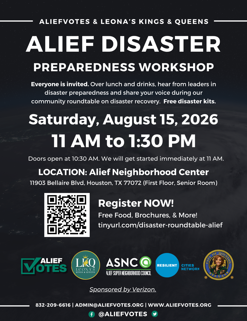 Poster with a black background and white text. It says "Alief Disaster Preparedness Workshop" with logos and QR code.