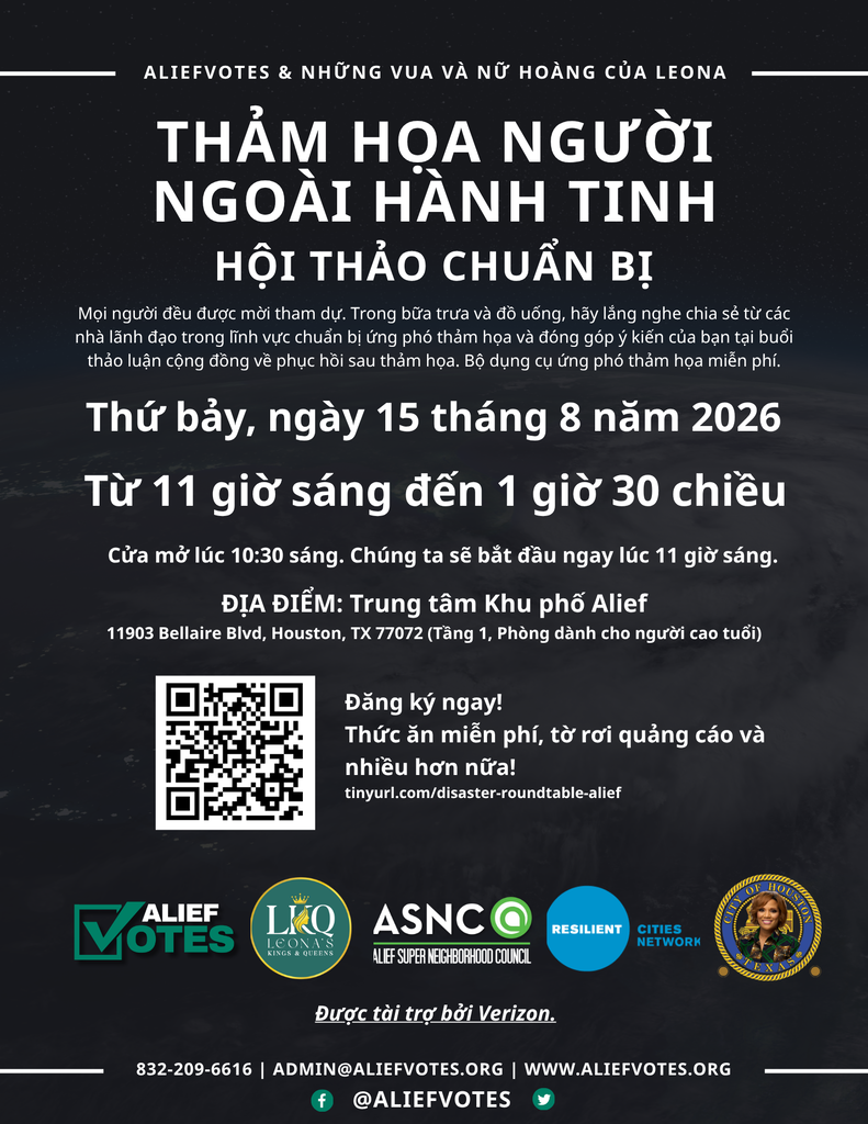 An advertisement for an event with Vietnamese text, a QR code, and logos for Alief Votes, L&O, and others.
