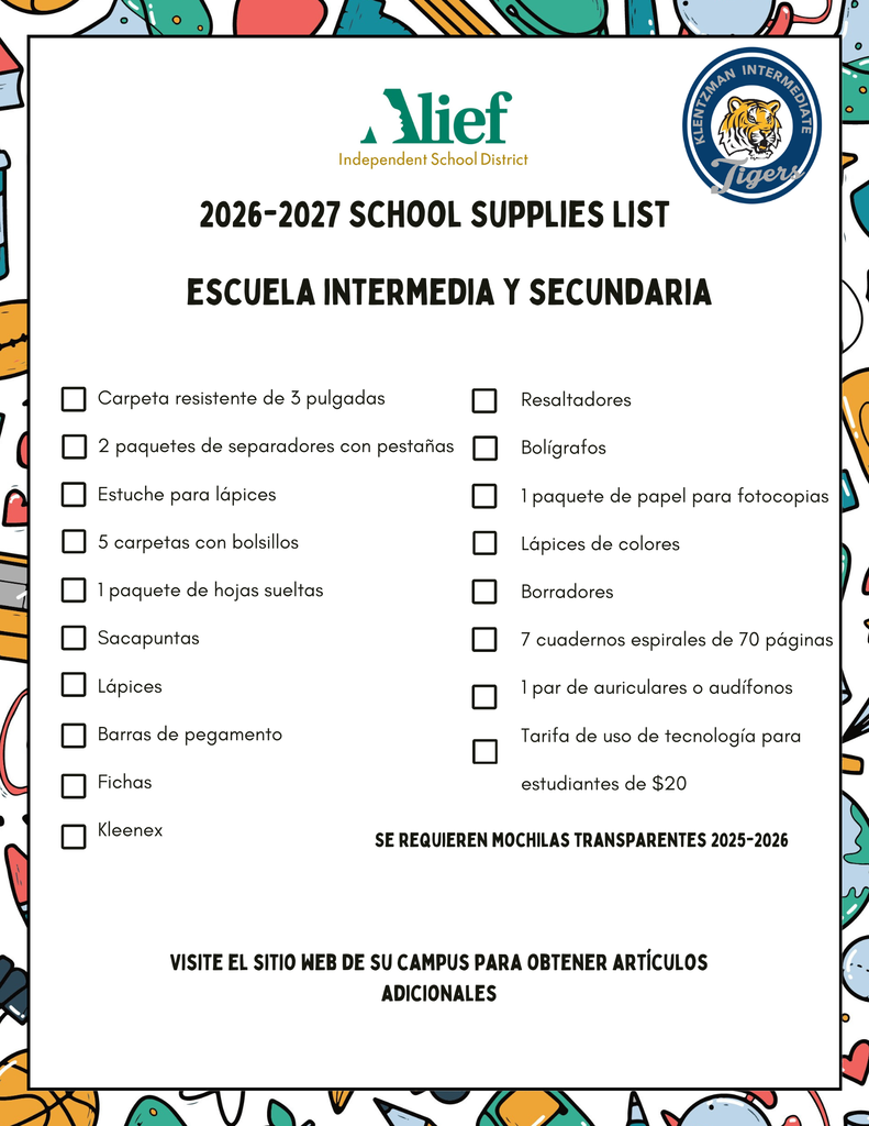 School Supply List 26-27 Spanish