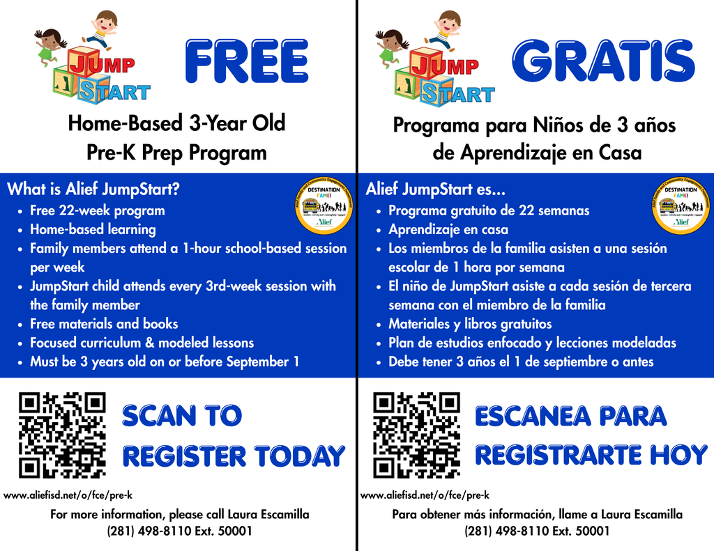 Two bilingual flyers advertise a free home-based pre-kindergarten program. One side is in English, the other in Spanish.