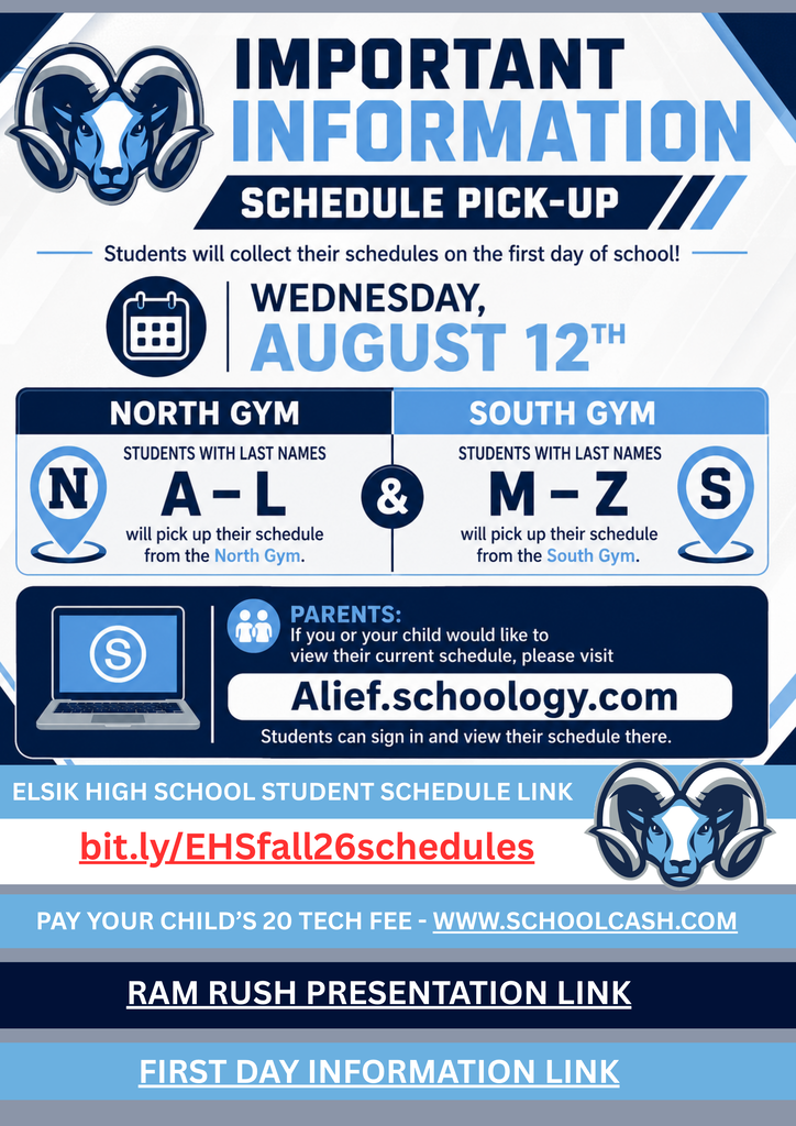 A flyer displays the schedule pick-up date, Aug. 12, divided by North and South Gym. North Gym is for students A-L, South Gym for M-Z.