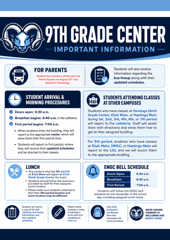 An informational poster for 9th Grade Center. Sections include "Important Information," "Student Arrival & Morning Procedures," "Students Attending Classes at Other Campuses," and "ENGC Bell Schedule."