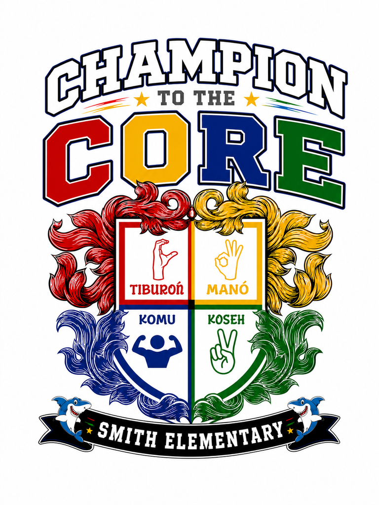 Logo for Champion to the Core with red, blue, yellow, and green elements. Shields display "TIBURÓN KOMU" and "MANO KOSEH". Below is a crest with "SMITH ELEMENTARY".