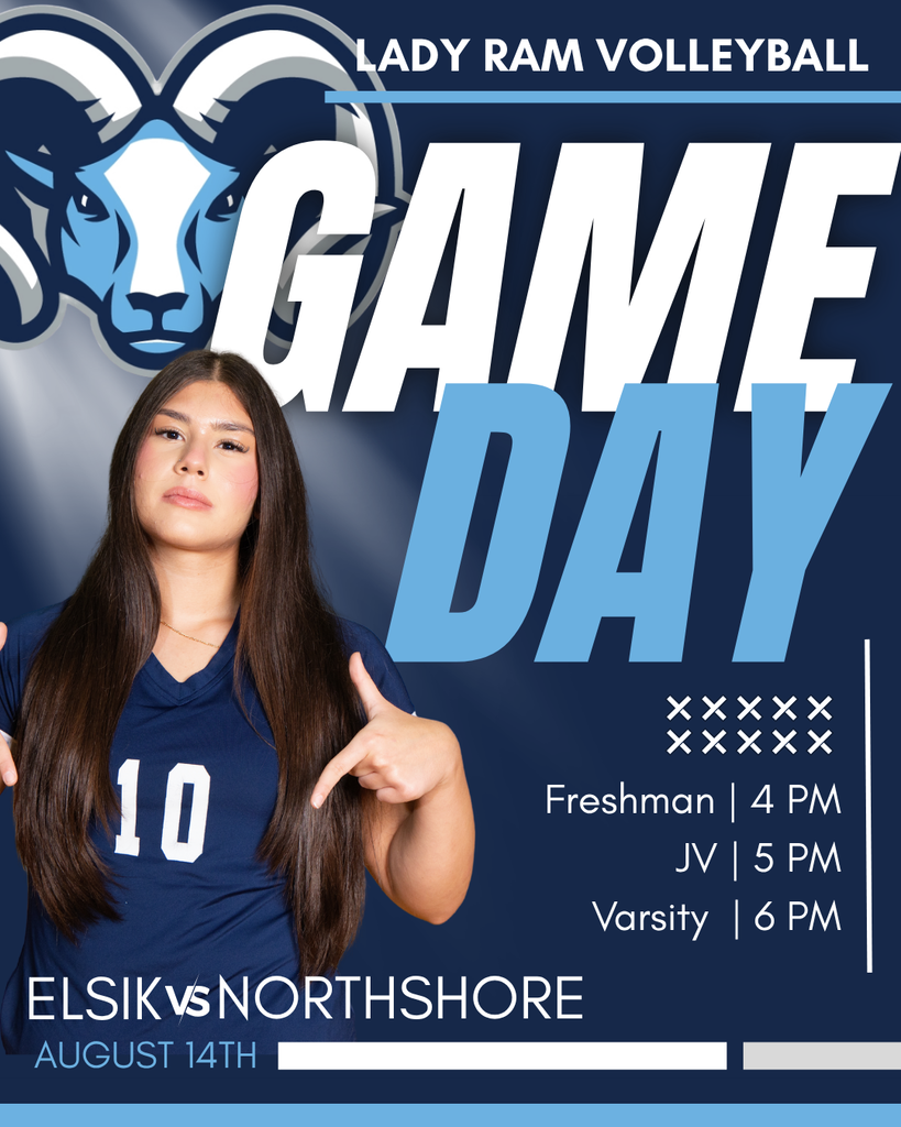 Poster with a female athlete, number 10, and a ram logo. Text: "GAME DAY," "LADY RAM VOLLEYBALL," and match times.