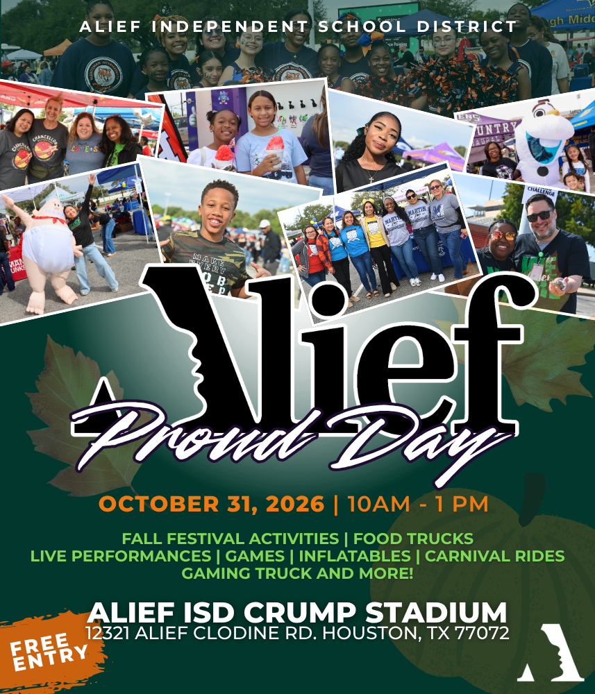 Advertisement for Allief Proud Day on October 31, 2026, at Allief ISD Crump Stadium. Features photos of people.