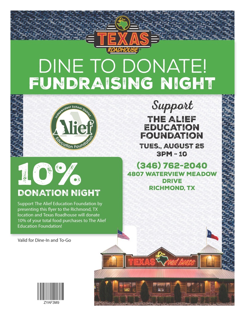 Poster with a blue background and green border. "DINE TO DONATE! FUNDRAISING NIGHT" in white text. "10% DONATION NIGHT" in white. Logo and phone number.
