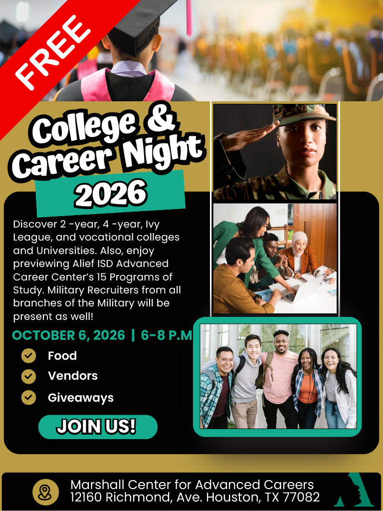 Flyer with a collage of people at a college night. A person in a cap, a military recruit, and students are featured.