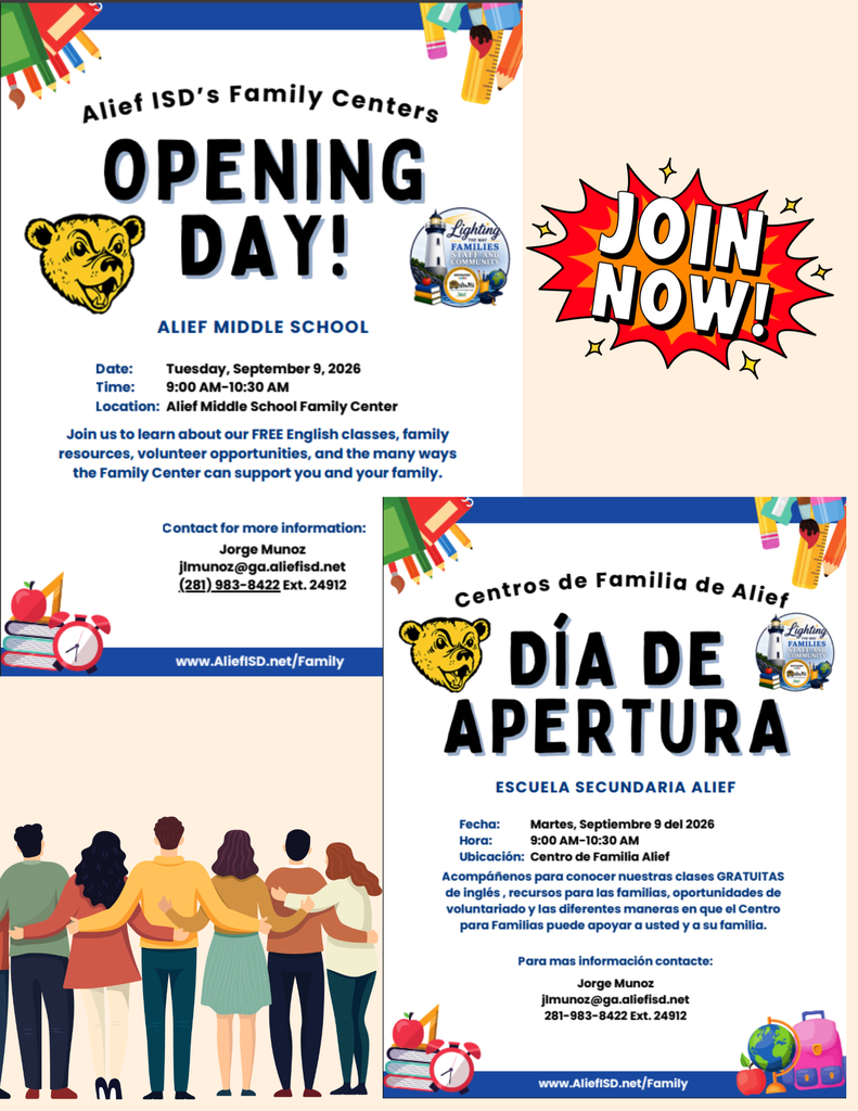 An opening day flyer for Alief Middle School Family Centers with a lion mascot. It features a diverse group of adults.
