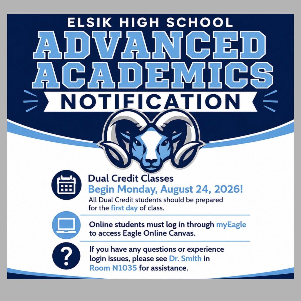 A notification for Elsik High School Advanced Academics shows a ram logo, blue and white background, and important class details.