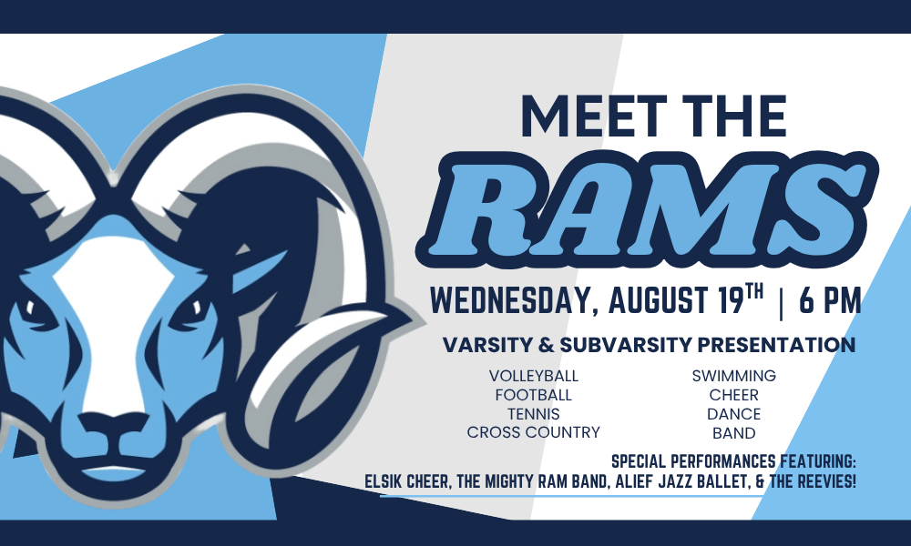 A poster advertising a sports event features the Rams logo with horns. Event details are listed in blue and white text.