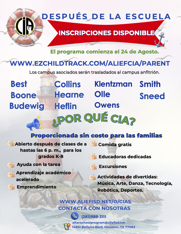 Poster with a lifebuoy logo and a lighthouse. Text reads "Después de la Escuela" and "Inscripciones Disponible" with a start date.