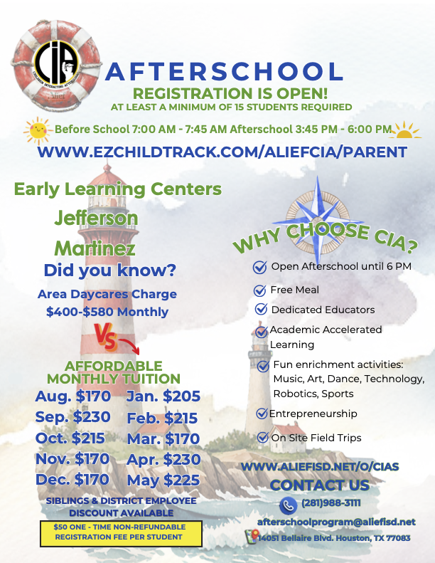 An advertisement for after-school registration with information on hours, tuition, and activities like music and robotics.