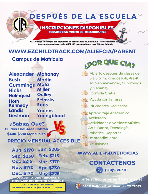 A flyer displays an after-school program offering classes in various subjects. It lists available classes, teachers, and times.