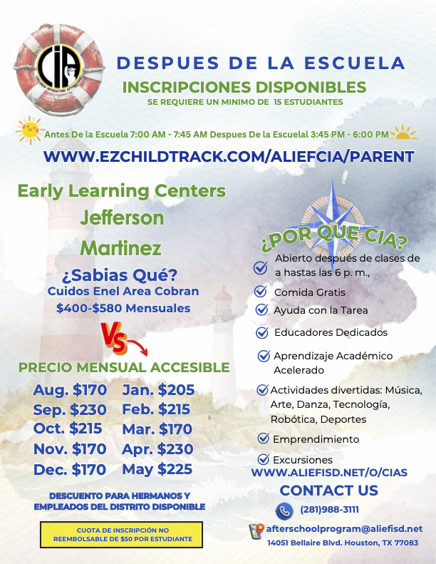 A poster advertising Jefferson Early Learning Centers in Spanish. It lists hours, pricing, and benefits. It has a blue and white color scheme.