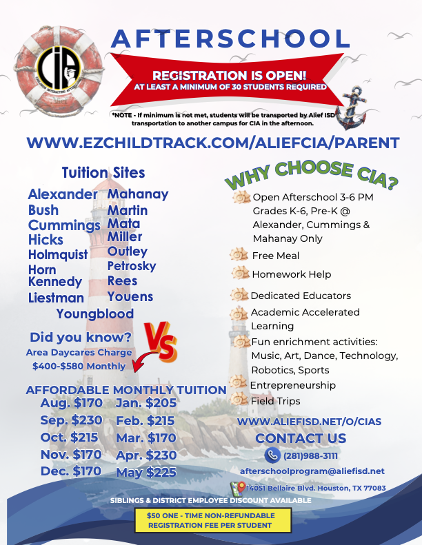 Poster shows afterschool program details, including open hours, benefits, tuition fees, and activities. Information is presented in a list format.
