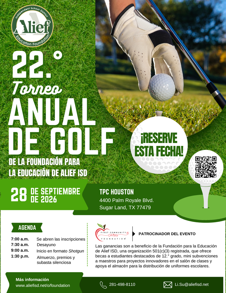 Golf event flyer with a hand holding a club, a ball, and a QR code. Text includes "22nd Annual De Golf" and details like date, location, and agenda.