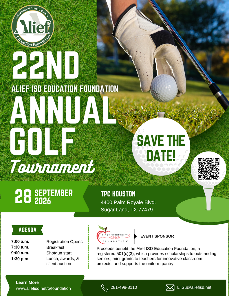 Poster for the Alief ISD Education Foundation's 22nd Annual Golf Tournament, featuring a golfer's hand, ball, and club. Date: September 28, 2026. Location: 4400 Palm Royale Blvd, Sugar Land, TX 77479.