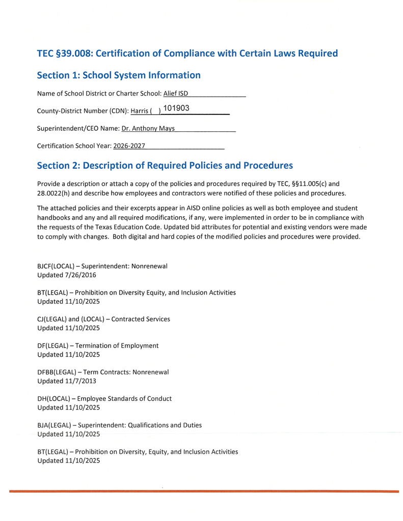 Document displays a form titled "Certification of Compliance with Certain Laws Required" with two main sections. Section 1 asks for school system information, including district and school details. Section 2 lists policies and procedures required by law.