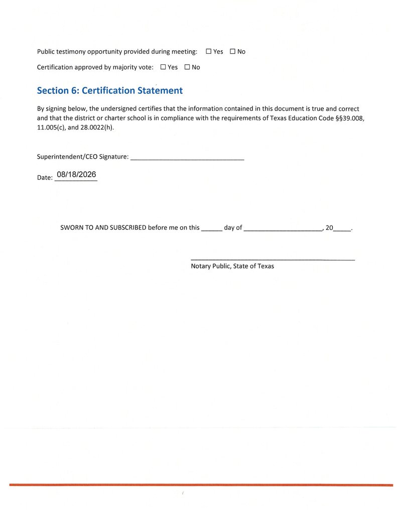 Three page document that outlines TEC §39.008 Certification of Compliance with Certain Laws Required