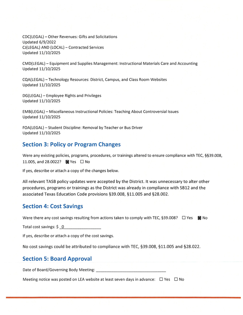 Document showing sections titled "Policy or Program Changes" and "Cost Savings", each with relevant text and checkboxes.